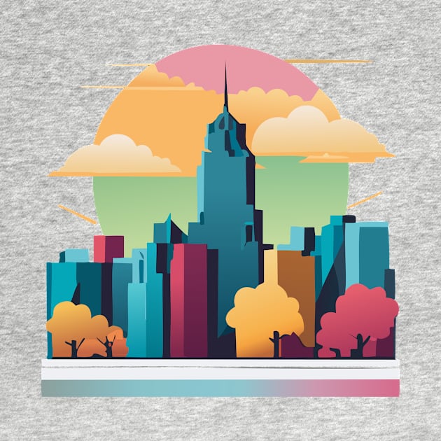 t-shirt design, colorful city skyline with buildings and clouds, vector art by goingplaces